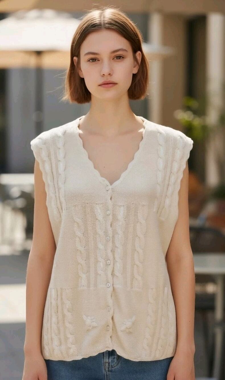 Vintage Two Twenty Large Embroidered Chunky Knit Sleeveless Sweater Cardigan
